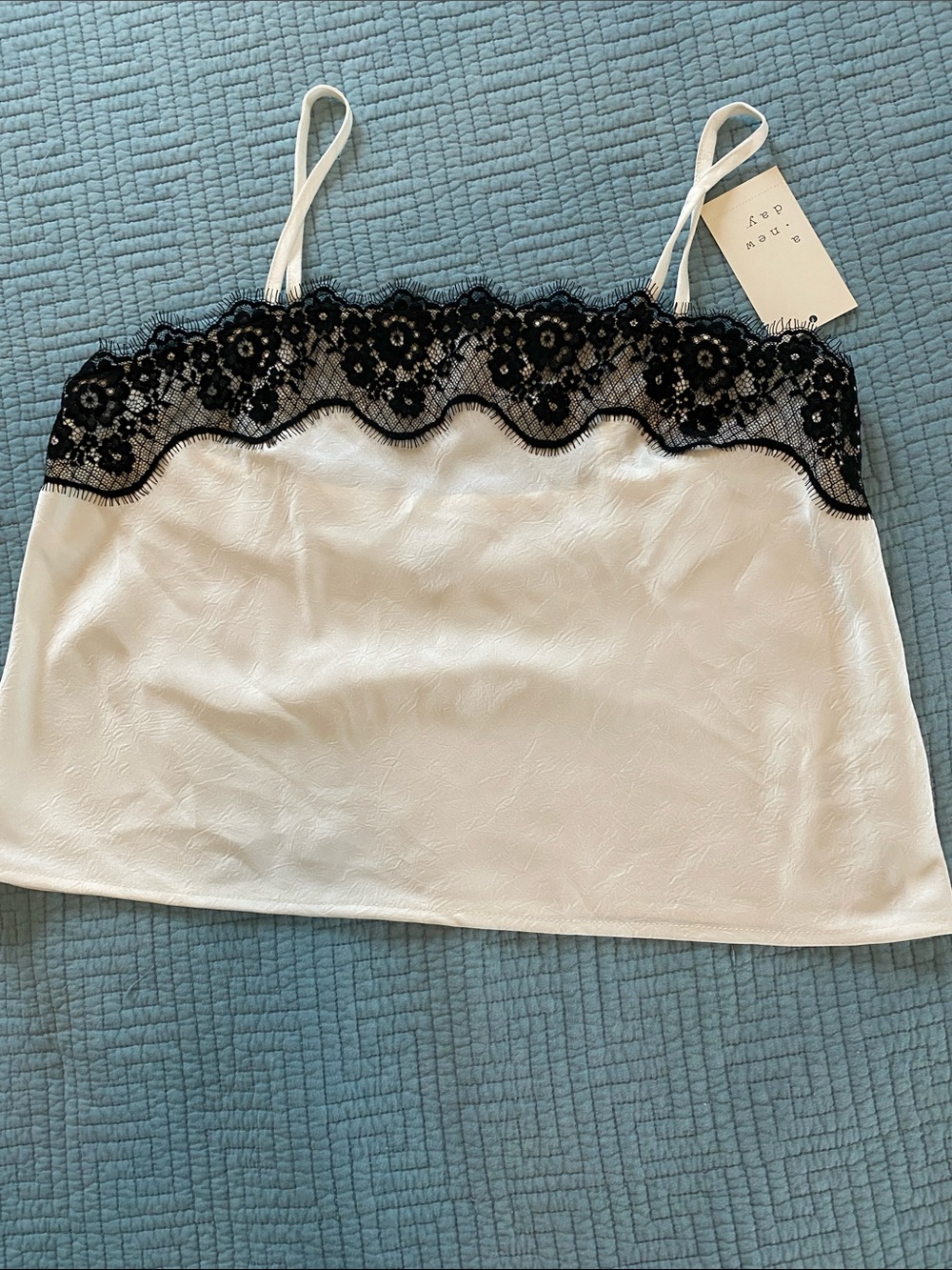 a new day White Satin Cami with Black Floral Lace Trim